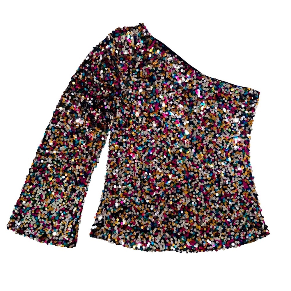 Dopamine Dressing One Shoulder Confetti Party Top Small Multi Sequin Bell Sleeve